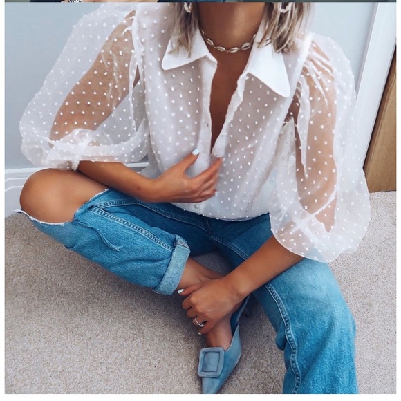 NWOT SEMI-SHEER SWISS DOT BLOUSE WHITE - 2716/59 - Picture 7 of 8